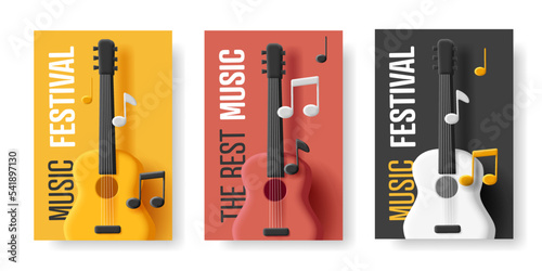 Music festival set of posters with 3d guitar with notes illustration