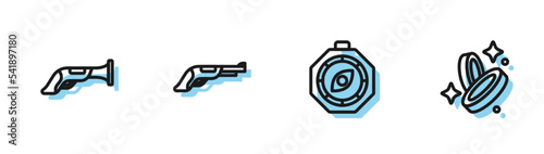 Set line Compass, Vintage pistol, and Pirate coin icon. Vector