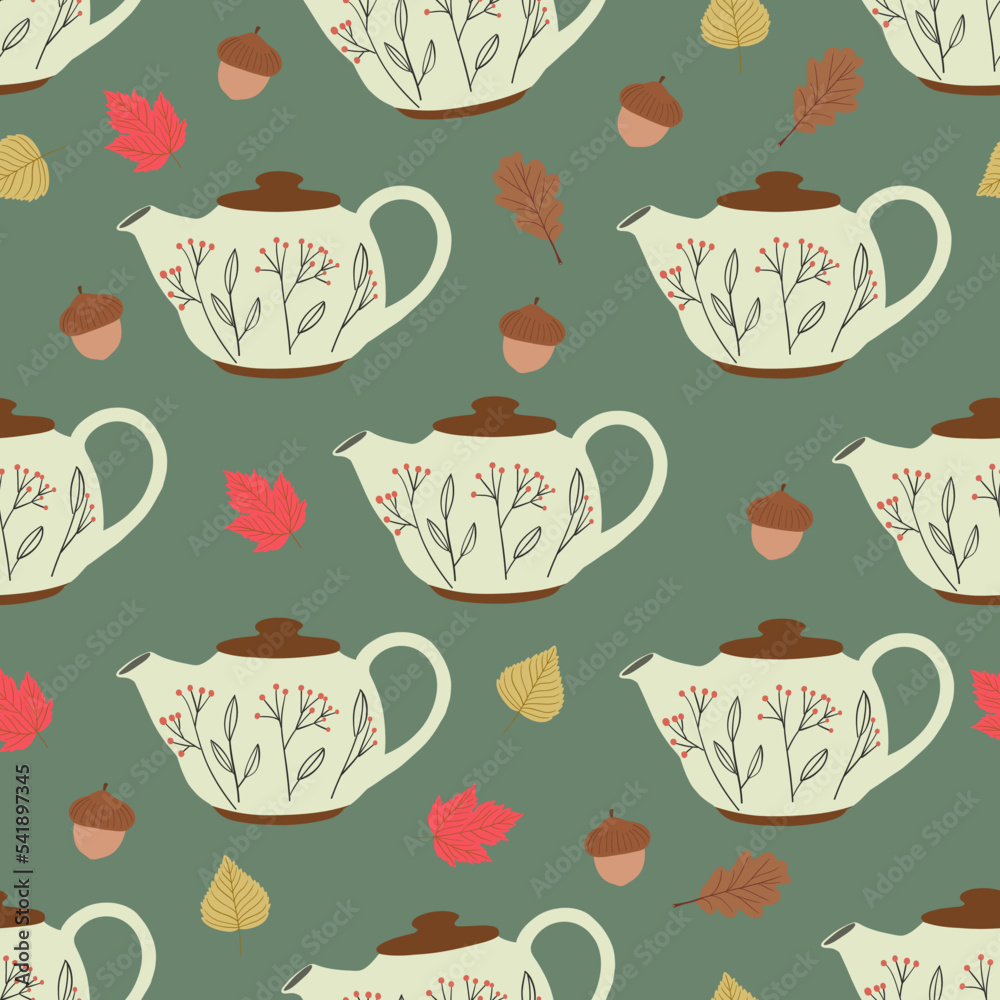 Seamless pattern with teapot, autumn leaves and acorns. Sweet home and cozy autumn concept. Hand drawn vector illustration, flat design Seamless pattern with teapot, autumn leaves and acorns. Sweet home and cozy autumn concept. Hand drawn vector illustration, flat design
