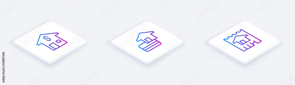 Set Isometric line House with dollar, Credit card and . White square button. Vector