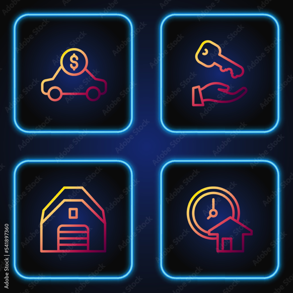 Set line Time is money, Garage, Car rental and House key. Gradient color icons. Vector Set line Time is money, Garage, Car rental and House key. Gradient color icons. Vector