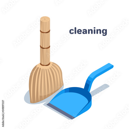 isometric vector illustration isolated on white background, broom and dustpan, cleaning or tidying tool