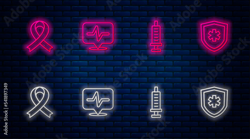 Set line Heart rate, Syringe, Awareness ribbon and Life insurance. Glowing neon icon on brick wall. Vector
