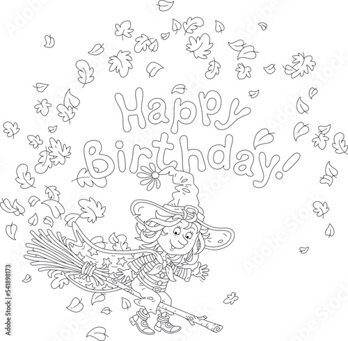 Happy birthday card with a funny little witch flying on her magic broom through falling and swirling autumn leaves, black and white outline vector cartoon for a coloring book