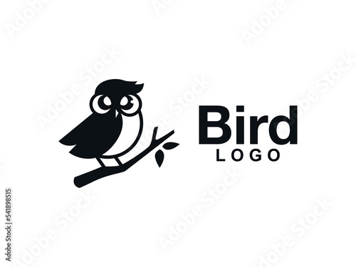 Very Cute Bird On Tree Branch With Big Eyes Logo Design Vector