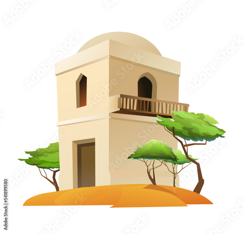 Arab clay double decker hut with balcony. In sandy desert. Middle Eastern adobe dwelling. Africa and Asia traditional house. Isolated on white background Vector.