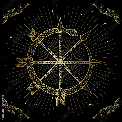 Snake circled magical arrow golden illustration