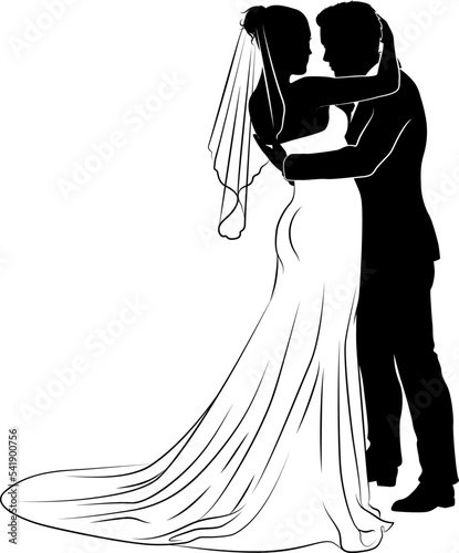 Bride and groom couple silhouettes. Woman in a bridal wedding dress