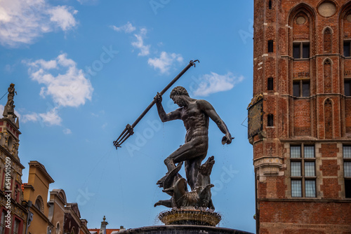 Statue of Neptune fountain in old town of Gdansk, Poland