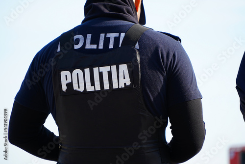 Romanian police uniform. photo taken in October 2022 in Craiova, Dolj, Romania.