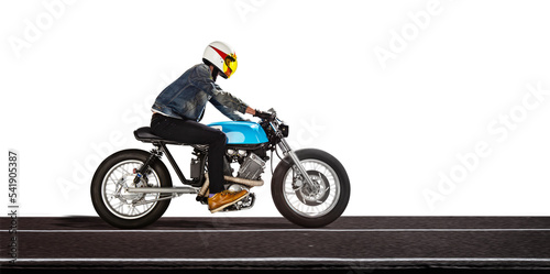 Man seat on the motorcycle on the asphalt road. Transparent background.