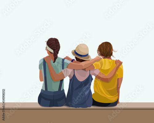 Female friendship, female friends sit and hug each other on a warm summer day, they are free and joyful