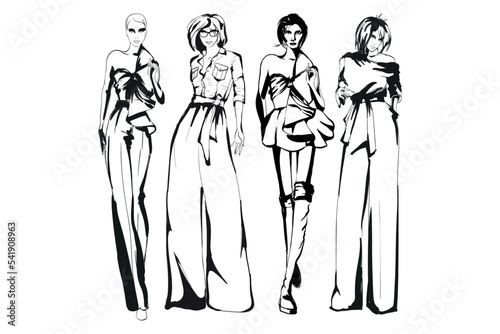 Set of young beautiful women in stylish clothes. Fashion sketch.