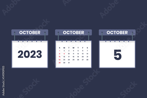 5 October 2023 calendar icon for schedule, appointment, important date concept