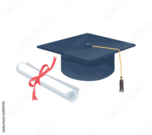 Graduation cap and rolled diploma isolated flat vector illustration