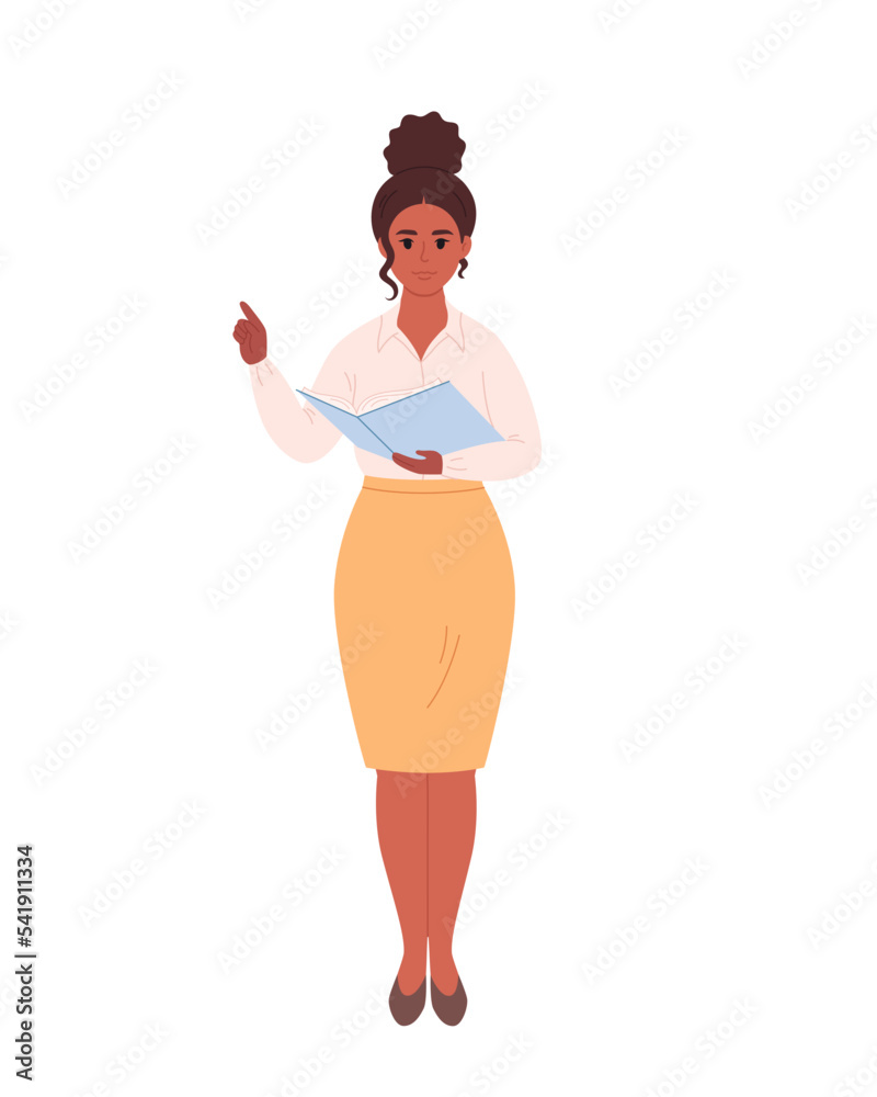 Young woman in office outfit with file folder or book. Business Woman. Teacher, entrepreneur, office worker. Stylish fashionable look. Hand drawn vector illustration Young woman in office outfit with file folder or book. Business Woman. Teacher, entrepreneur, office worker. Stylish fashionable look. Hand drawn vector illustration