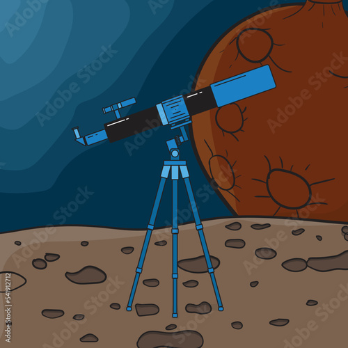 Telescope in blue and black cartoon style on planet design