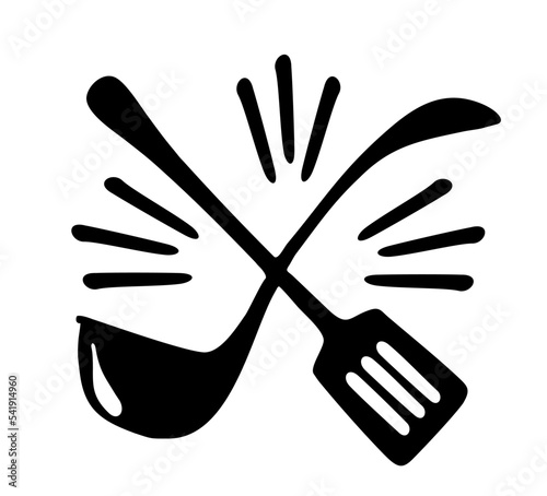 Soup ladle with kitchen spatula Logo. Cooking spoon design on white background. Silhouette design style. Kitchen logo design combined with kitchen spatula for restaurant symbol