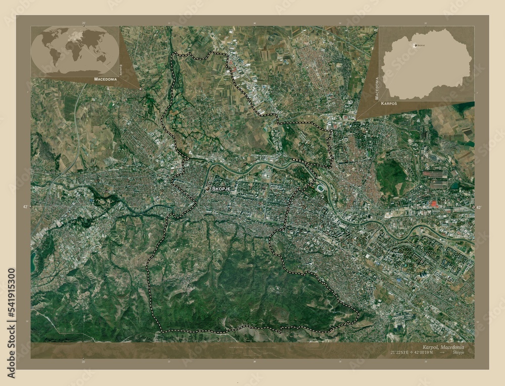 Fototapeta premium Karpos, Macedonia. High-res satellite. Labelled points of cities