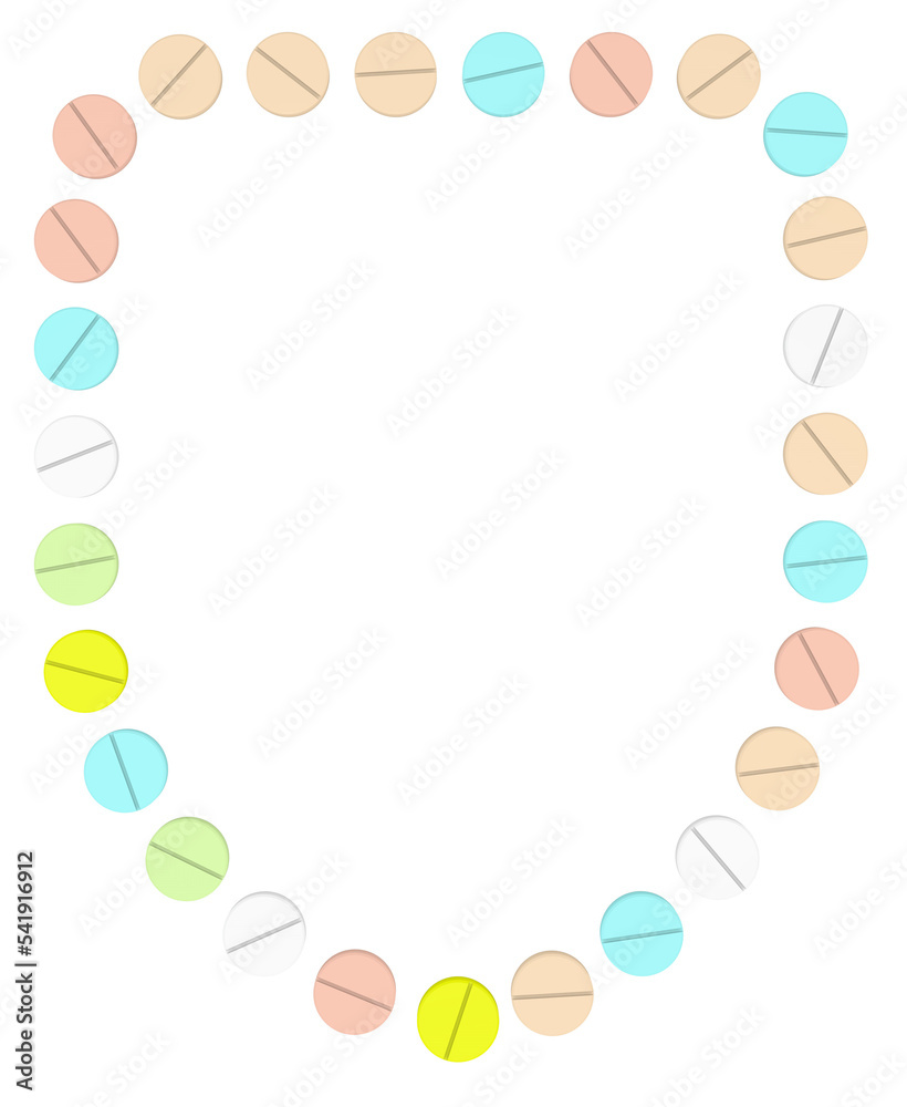 Color Pills frame. 3D rendering illustration.Shield. Color Pills frame. 3D rendering illustration.Shield.