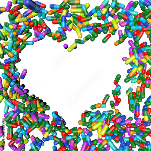 Capsule pills. Heart frame. 3D rendering illustration.