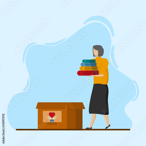 women donate clothes. clothing donation. Cardboard box. Concept of volunteer and social care. Support for the poor. International charity day. Vector illustration in cartoon style.