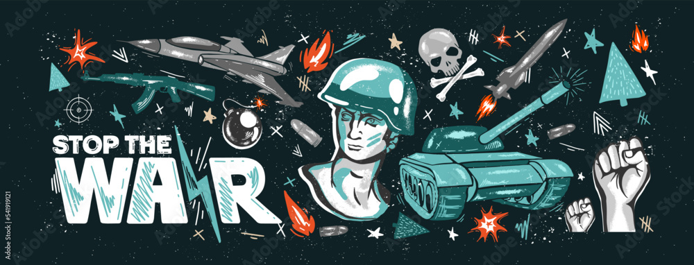 Obraz premium Set of military elements. Stop the war. Hand-drawn lettering. Abstraction, tank, soldier, man, explosion, fire, fighter, hand, fist, machine gun, weapon, bomb, bullet, rocket
