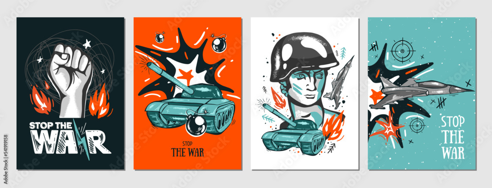 Set of military postcards. Stop the war. Hand-drawn lettering. Abstraction, elements of war, tank, soldier, man, explosion, fire, fighter, hand, fist