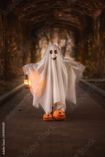 White ghost with a lamp in his hand and pumpkins in the park at night. Halloween. Autumn concept.