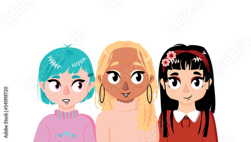 Vector illustration. Three girlfriends in fashionable clothes. Friends are walking. Three sisters. Classmates. Classmates. Girls icons.