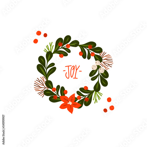 Hand drawn vector abstract graphic Merry Christmas and Happy new year clipart illustrations greeting card with flowers and leaves.Merry Christmas cute floral card design background.Winter holiday art.