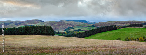 Panorama of rolling hills north of Alwinton, in the remote Upper Coquetdale Valley, located in the Cheviot Hills close to the Scottish Border in Northumberland National Park