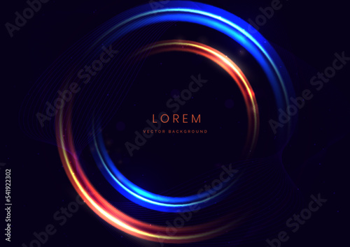 Abstract technology futuristic neon circle glowing blue and red light lines with speed motion blur effect on dark blue background.