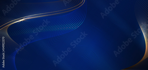 Abstract luxury golden lines curved overlapping on dark blue background. Template premium award design.
