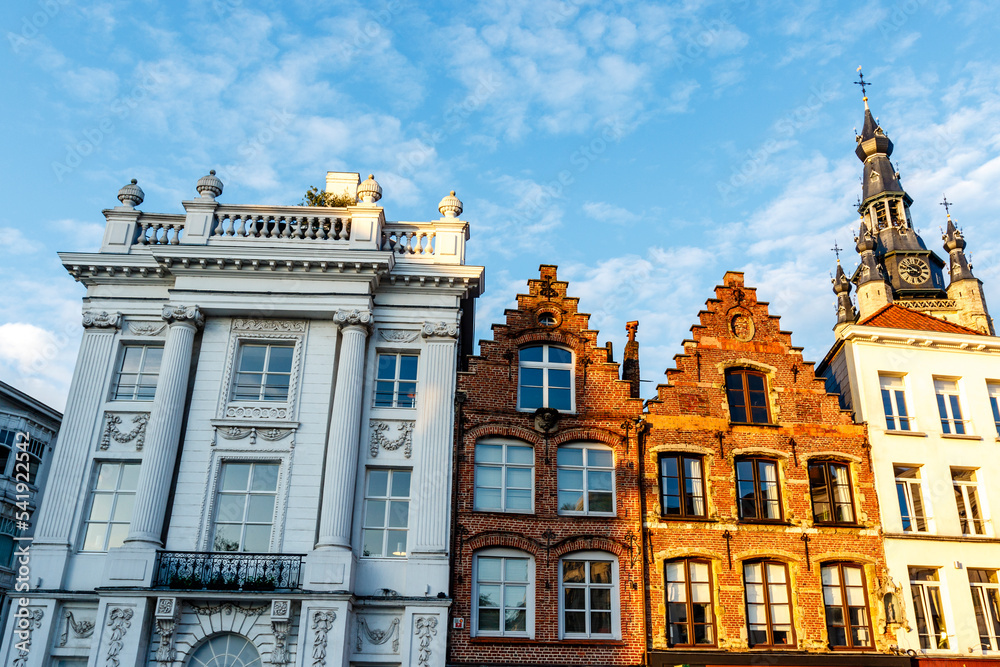 Obraz premium Facades of historical houses in the center of Kortrijk, Courtrai, Flanders, Belgium, Europe