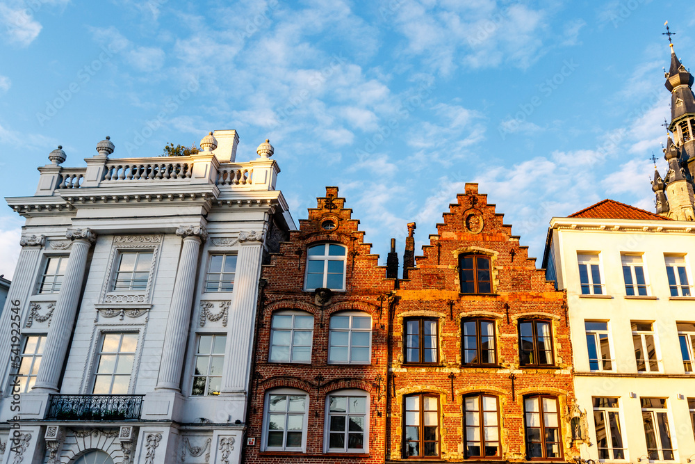 Fototapeta premium Facades of historical houses in the center of Kortrijk, Courtrai, Flanders, Belgium, Europe