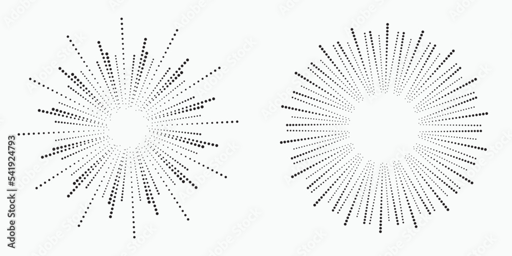 Radial speed lines in circle form for comic books. Fireworks explosion background set. Vector illustration. Starburst round Logo. Circular design element. Abstract Geometric star rays.