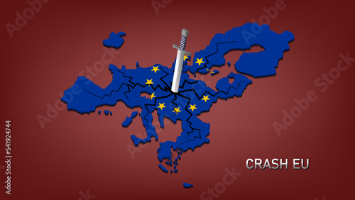 Vector 3d map of the European Union with black cracks, stars and a stuck sword. Crash EU, inscription