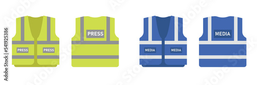 Safety press vest templates set. Work blue uniform for press-people. Vector illustration on grey background