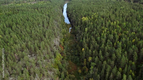 Fly over valley with oblong lake in coniferous forest, Sweden photo