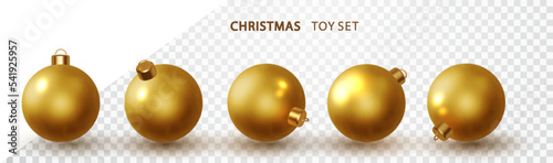 Gold Christmas ball realistic Isolated in different projections. Holiday toy decoration 3d element. Rendering vector illustration.