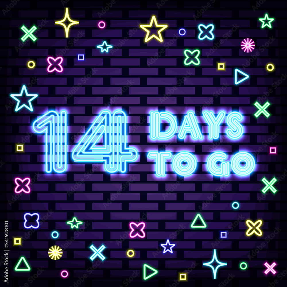 14 Days To Go Neon signboards. Bright signboard. Night advensing. Trendy design elements. Vector Illustration