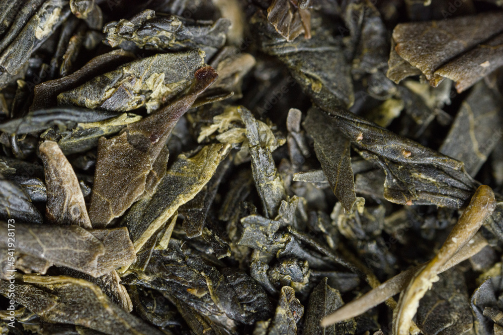 Dried Sencha green tea leaves.