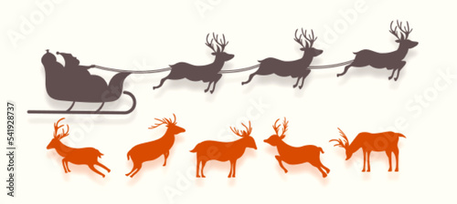 Fototapeta Naklejka Na Ścianę i Meble -  silhouette of santa claus flying on sleigh with reindeer design in set