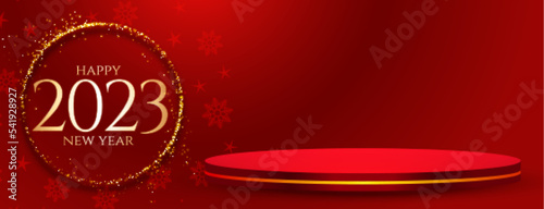 shiny 2023 new year event banner with 3d podium platform