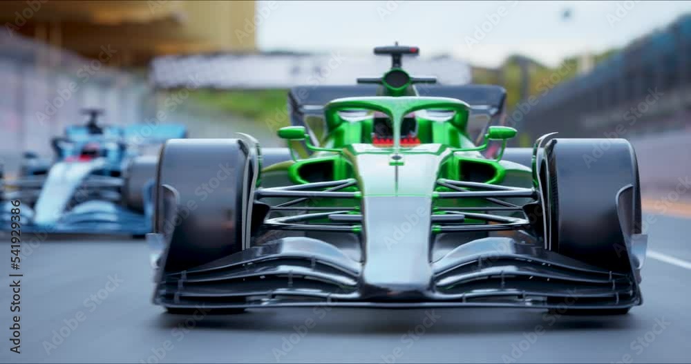 Side View of the Blue Racing Car Driving on Winding Race Track to the Finish Line. Racing go Karts Competition. Speed and Sport Concept. 3D Rendering 