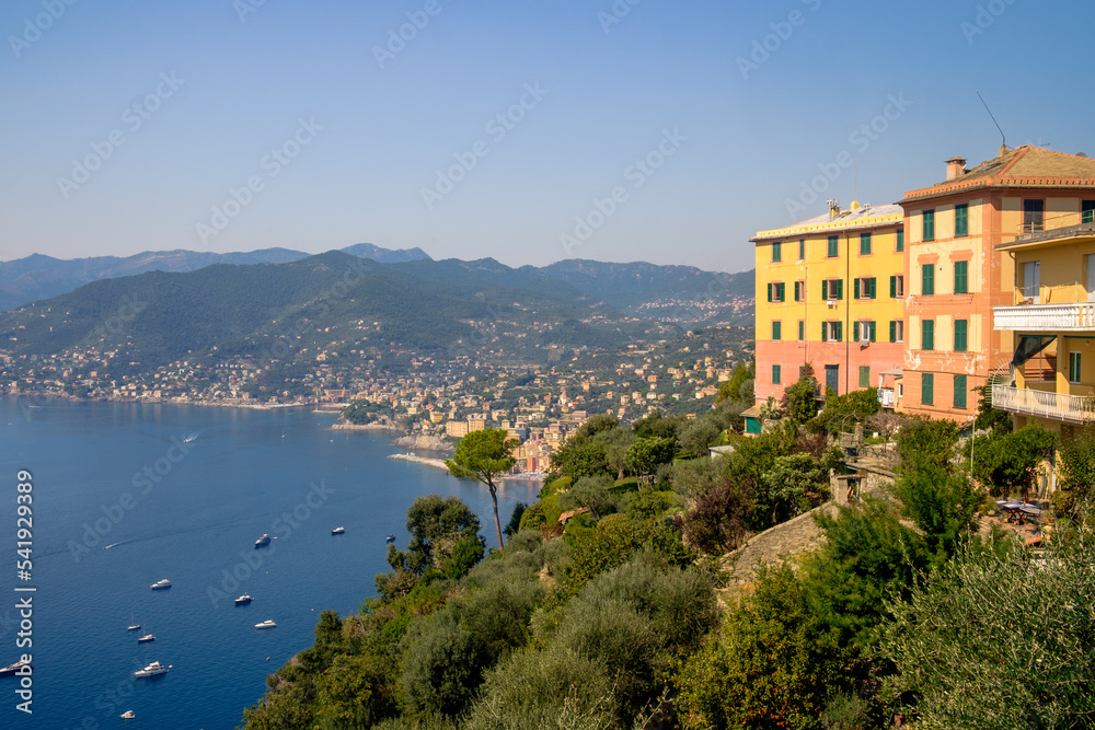 Panorama of the Ligurian coastline near Camogli with houses in bright colors.
