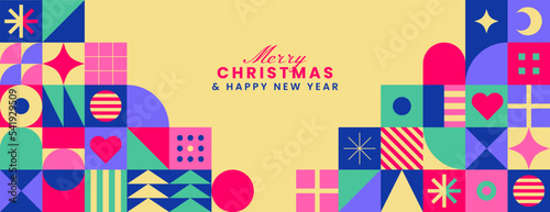 Joyful abstract geometric banner. Modern colorful seamless pattern. Merry Christmas vector illustration. Winter holidays. Decorative header for Xmas. Happy new year. Mosaic background.