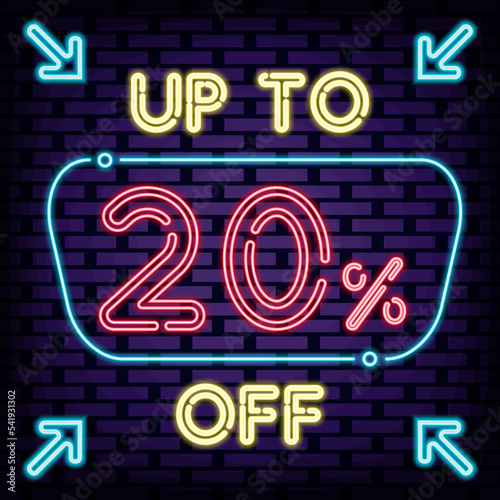 Up to 20% off, sale Neon Sign Vector. Glowing with colorful neon light. Night bright advertising. Bright colored vector. Vector Illustration