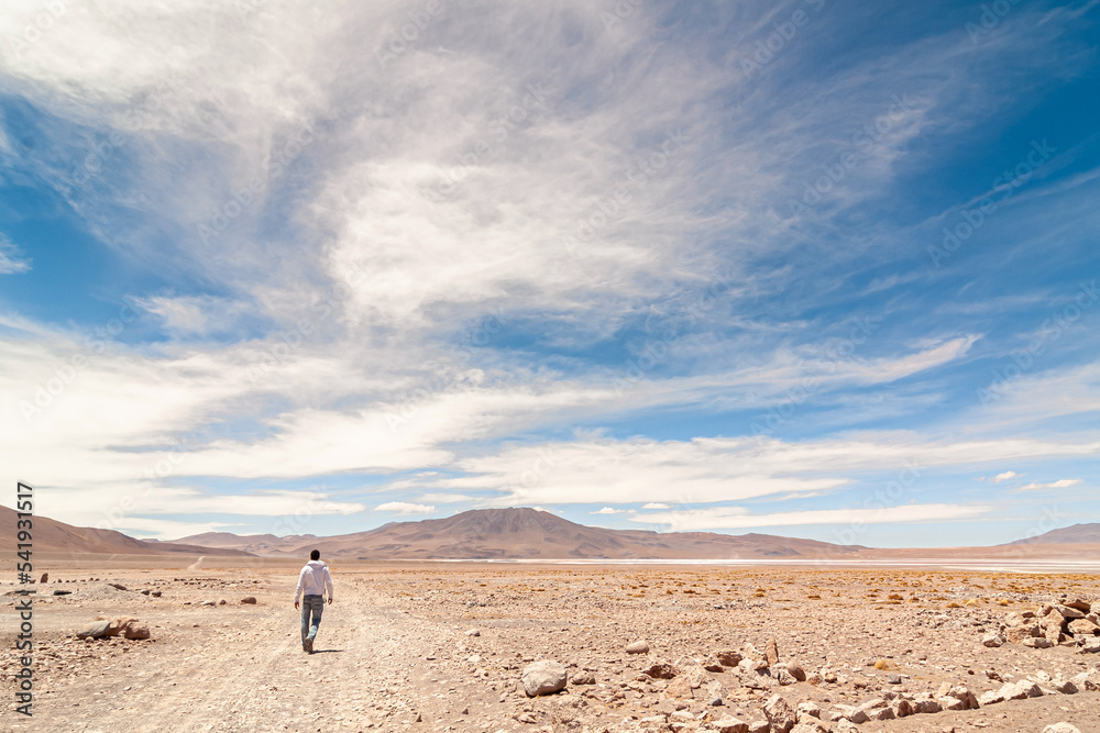 Man walking alone in the Bolivian altiplano Man walking alone in the Bolivian altiplano